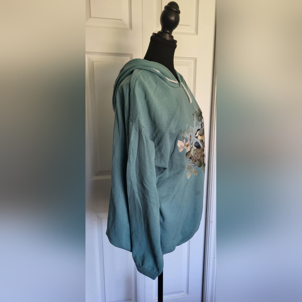 Vintage Hoodie Women's - Teal Blue-Green with Chickadee Bird Scene - Cozy - Picture 3 of 7
